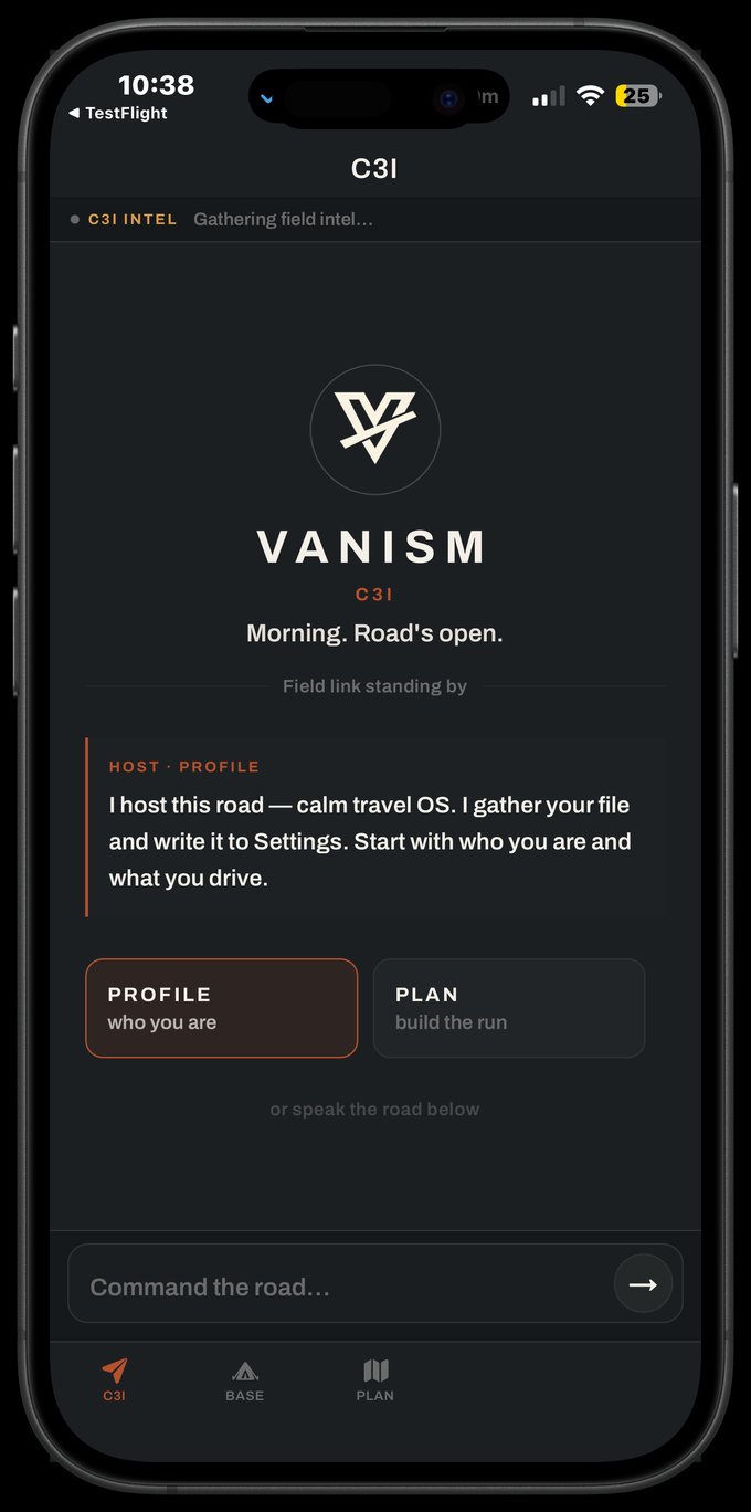 Vanism for iPhone — BASE tab with Sentinel, budget, and journal